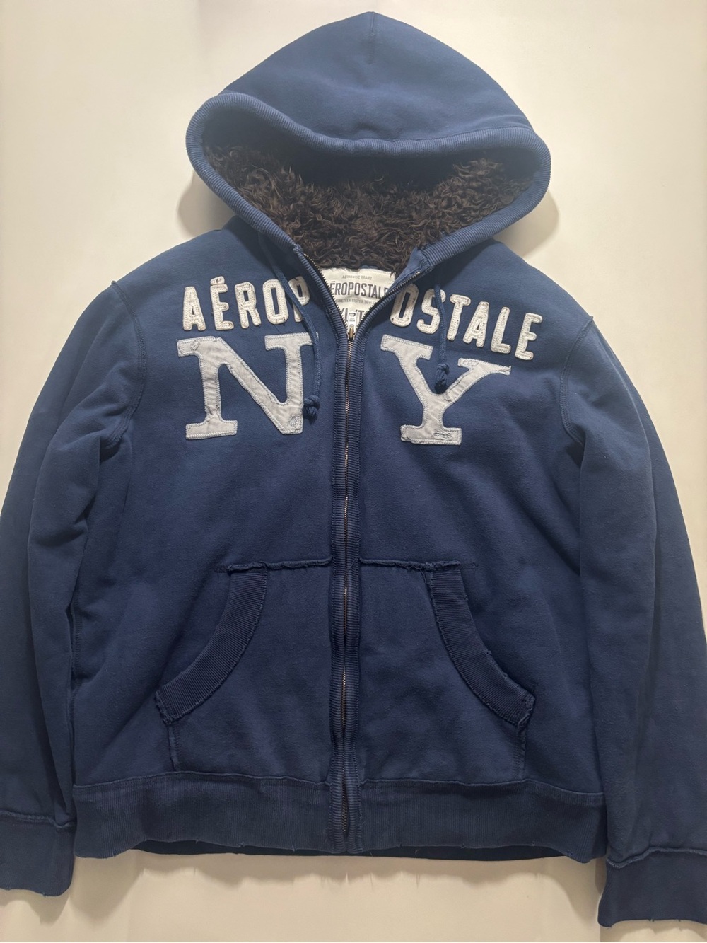 2000s faded navy Aéropostale Y2K Sherpa zip up hoodie
